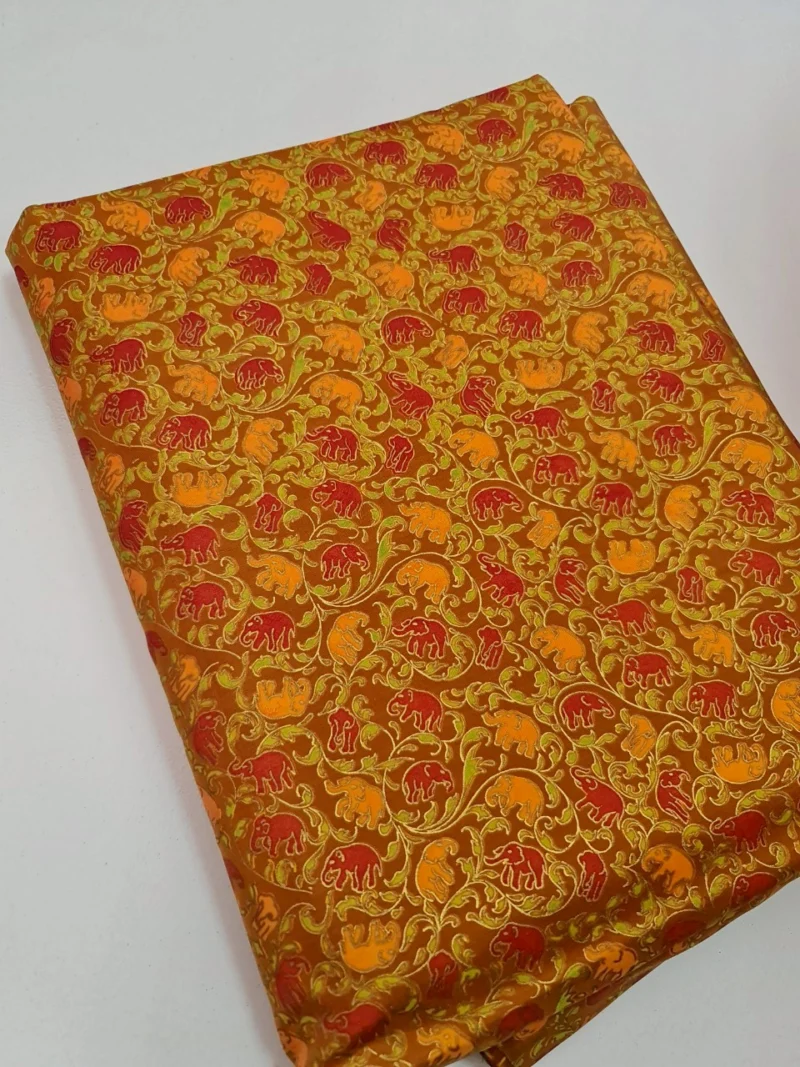 Printed Silk, Smooth Weave, Elephant and Floral Print, Brown Ground