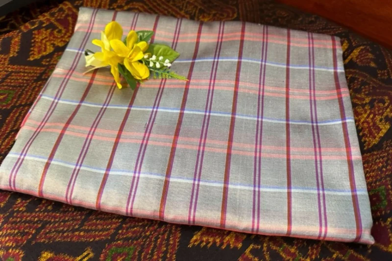 Silk Plaid, Smooth Weave, Silver Grey and Red