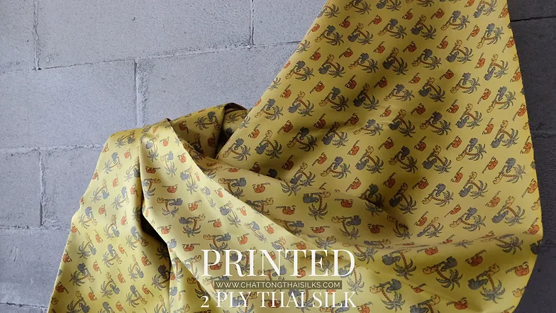 Printed Silk, Smooth Weave, 2-Ply, Elephant Print, Yellow