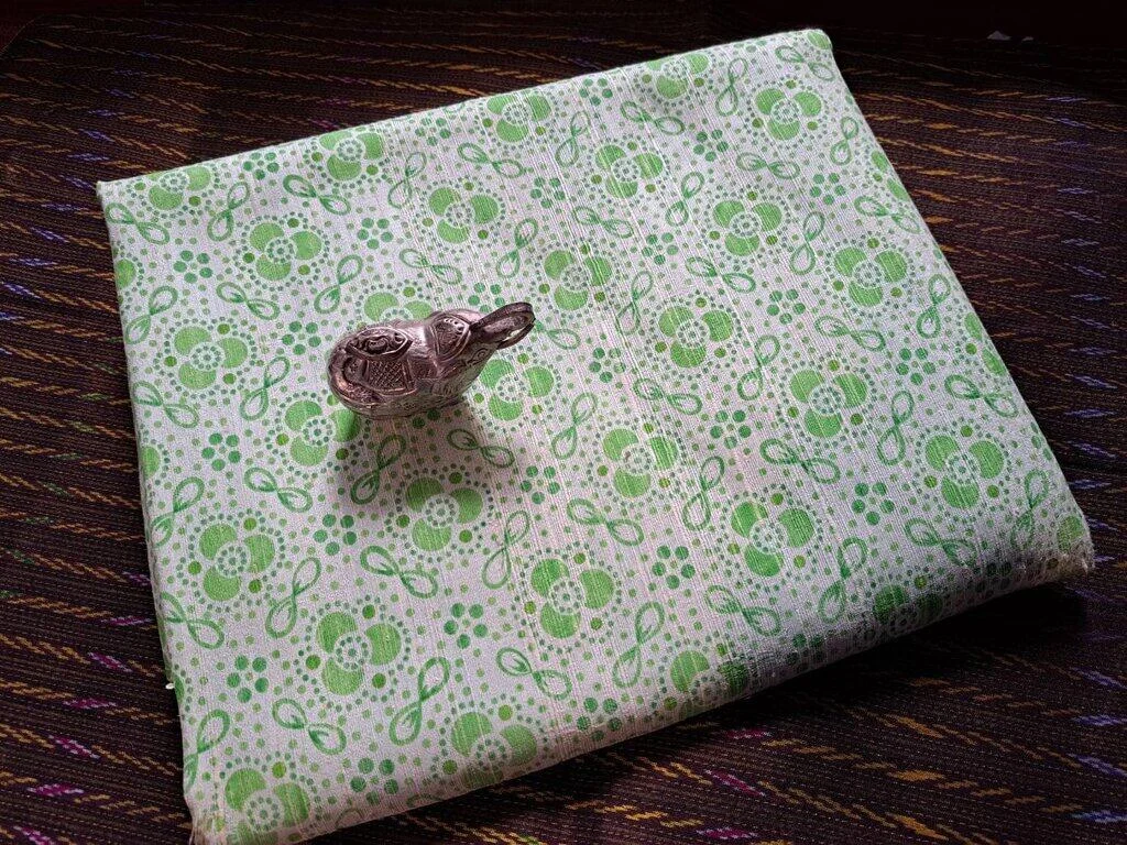 Printed Silk, Textured, White and Green