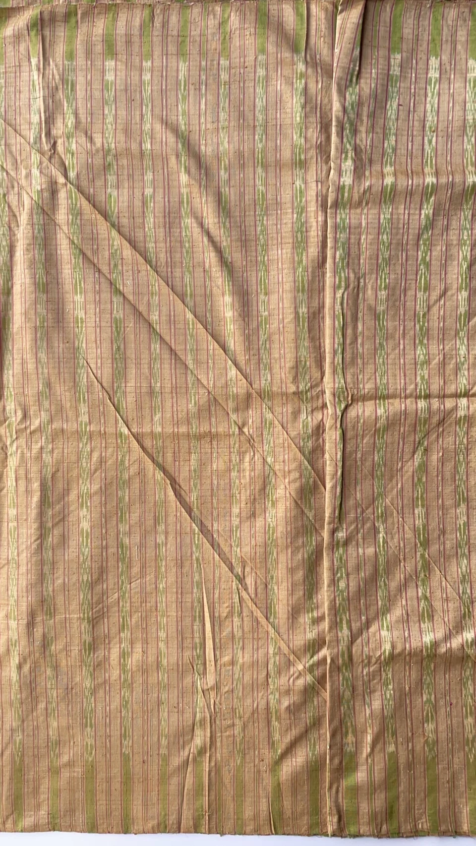 Ikat Native Silk, Hol Pattern, Light Brown with Green Stripe