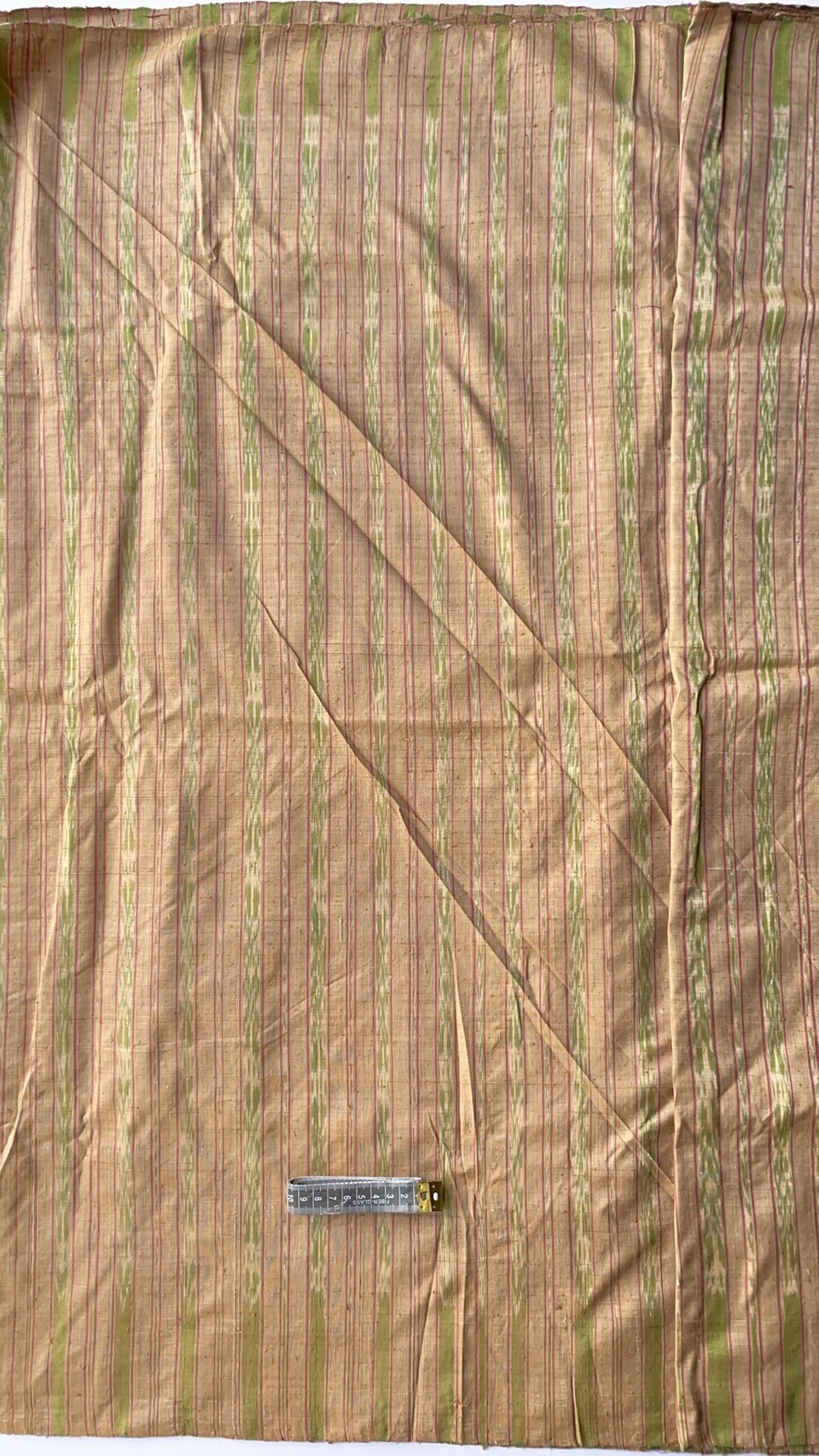 Ikat Native Silk, Hol Pattern, Light Brown with Green Stripe
