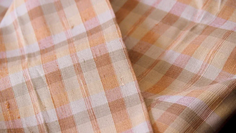 Naturally Dyed Silk Plaid, Textured Ribbed Weave, Brick Brown and Cream