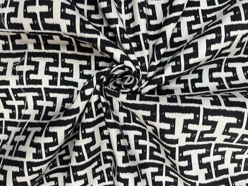 Printed Silk, Smooth Weave, Key Print, White and Black