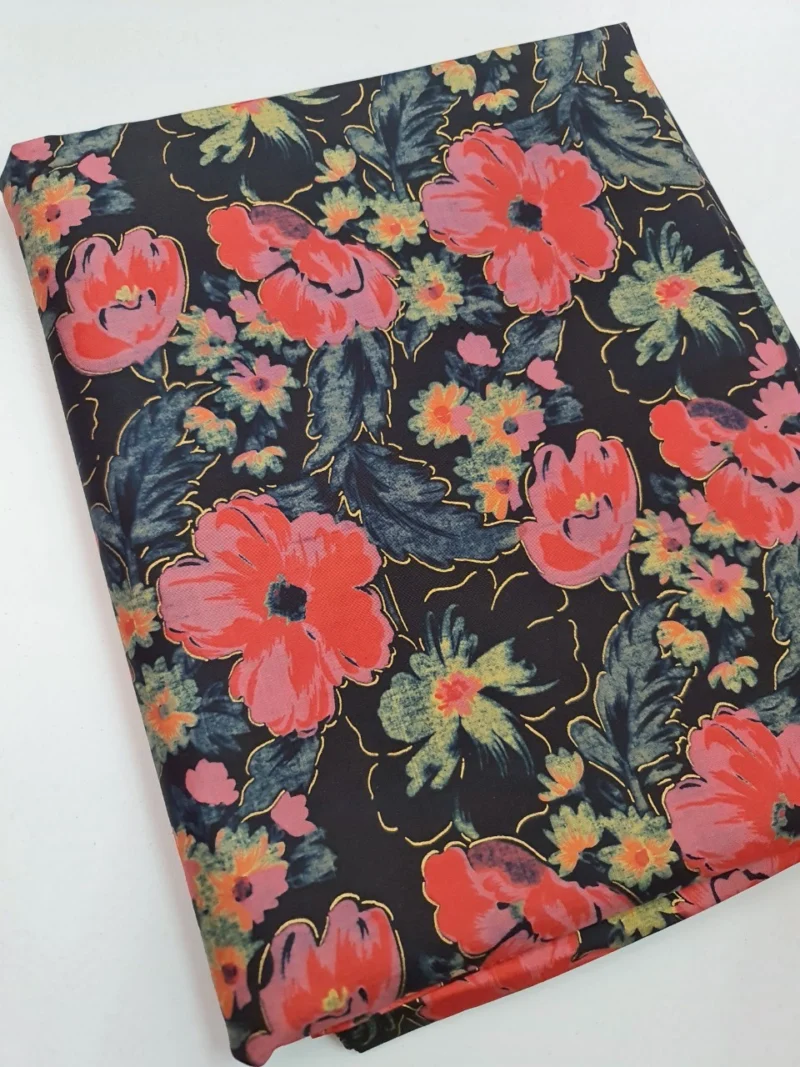 Printed Silk, Smooth Weave, Floral Print, Black Ground
