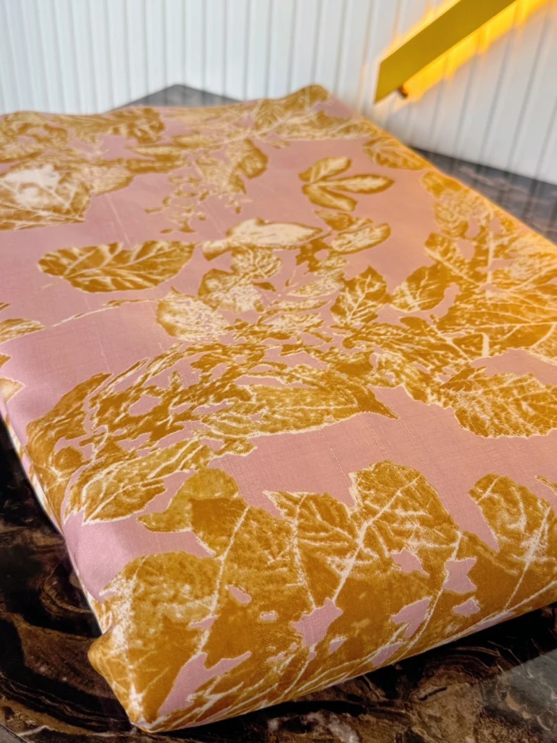 Printed Silk, Textured, Leaf Print, Pink