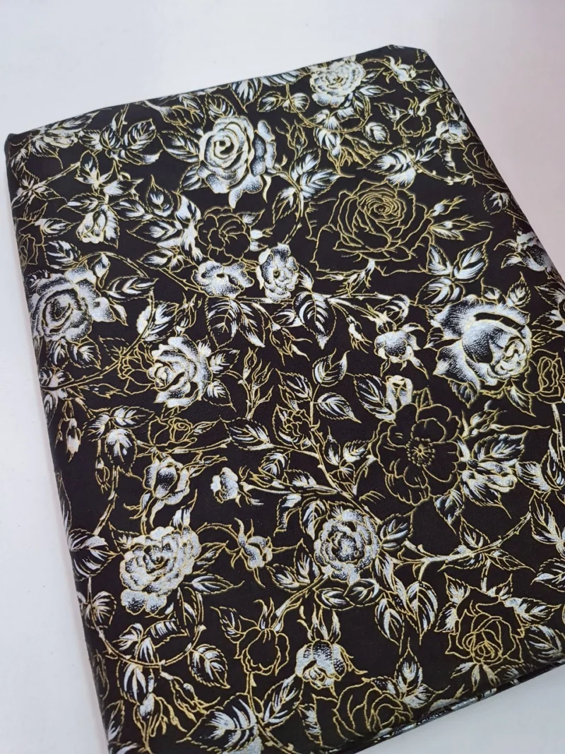 Printed Silk, Textured, Rose Print, Black Ground