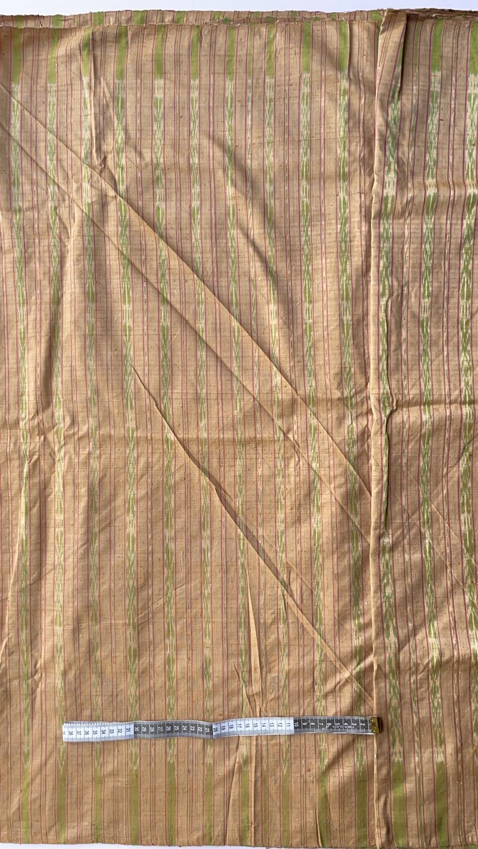 Ikat Native Silk, Hol Pattern, Light Brown with Green Stripe