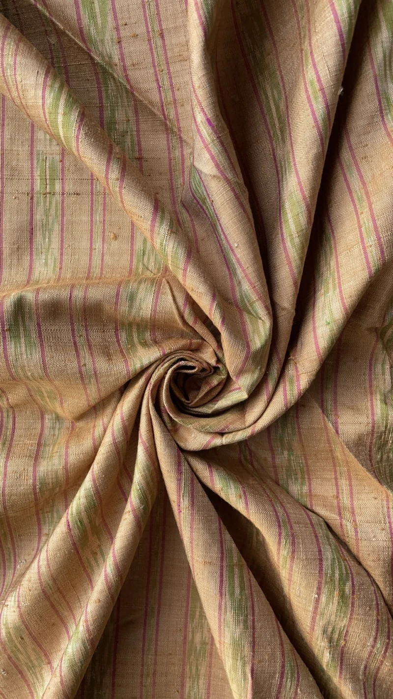 Ikat Native Silk, Hol Pattern, Light Brown with Green Stripe