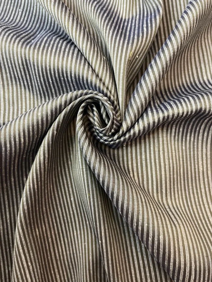 Denim-Like Silk, Heavy Textured, Dark Olive with Cream Stripe