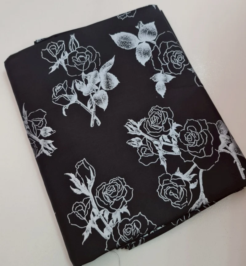 Printed Silk, Smooth Weave, Rose Print, Black Ground