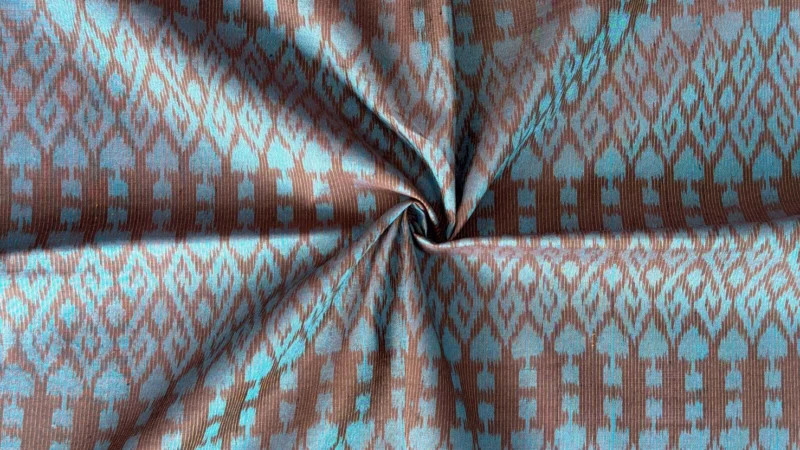 Ikat Silk, 2-Shaft, Crossed-Hook Pattern, Brown with Turquoise Ikat