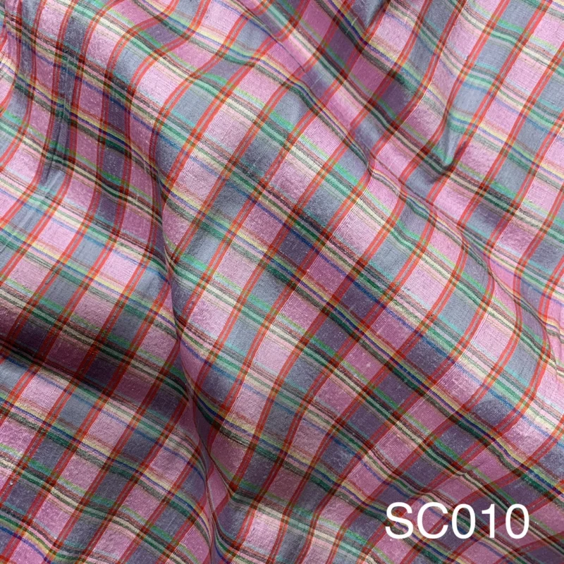 Silk Plaid, Textured, Pink and Grey-Blue
